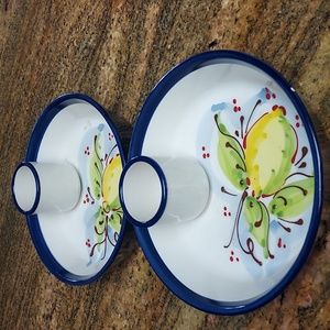 2 Olive Dishes with toothpick bowl handpainted by Hnos Pedraza ceramic dish.